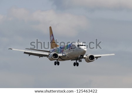 VNUKOVO, RUSSIA - SEPTEMBER 21: Aircraft operated by Sky Express, landing in Moscow airport in Vnukovo on September 21, 2012. The company Sky Express decided to stop all flights from 29 October 2011