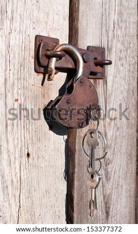 Open padlock with keys. On a wooden door.