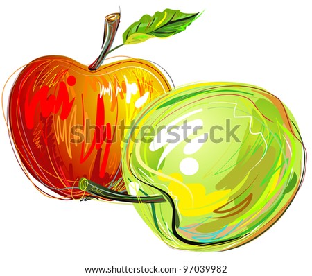 Vector drawing. Two apples, red and green, isolated on white, created as very artistic painterly style.