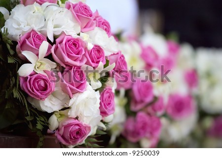 stock photo Pink and white roses in a wedding bouquet