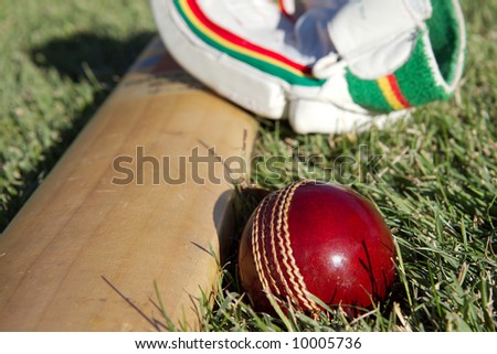 Cricket ball, bat and gloves on the field.