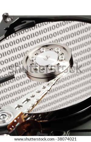 Internal shot of a computer hard drive, 1's and 0's representing data on the platter.
