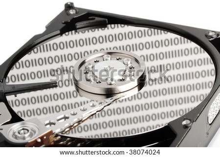 Internal shot of a computer hard drive, 1\'s and 0\'s representing data on the platter.
