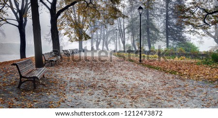 Bernardine gardens,Vilnia River, Vilnius, Lithuania. Gold autumn time, early morning mist.