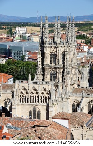 Aerial view of Gothic-style Roman Catholic Cathedral in Burgos, Castile and Leon, Spain. It\'s popular tourist attraction, famous for the architecture style and declared a UNESCO World Heritage Site