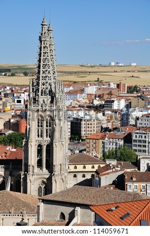 Aerial view of Gothic-style Roman Catholic Cathedral in Burgos, Castile and Leon, Spain. It\'s popular tourist attraction, famous for the architecture style and declared a UNESCO World Heritage Site.