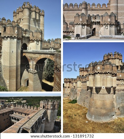 Set of pictures of famous Coca Castle, Segovia - a medieval fortress of Spain - with clear blue sky at the background