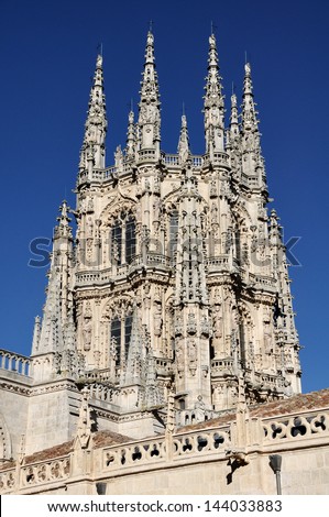 Gothic-style Roman Catholic Cathedral in Burgos, Castile and Leon, Spain. It\'s popular tourist attraction, famous for the architecture style and size, declared a UNESCO World Heritage Site.