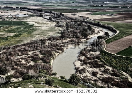 Aerial view of Landscape in Almodovar del Rio, Cordoba, Andalusia, Spain
