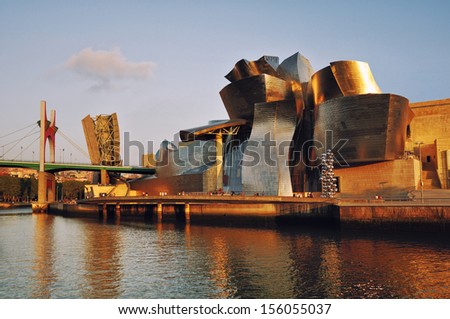 Bilbao, Spain-July 30: Golden Walls Of The Guggenheim Museum In Bilbao In The Morning, Spain, On July 30, 2011. Museum Of Modern And Contemporary Art Designed By Architect Frank Gehry.