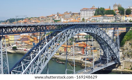 The Luis I arch metallic bridge over Douro River in Porto, Portugal. It\'s architectural style resembles the one of the Eiffel Tower