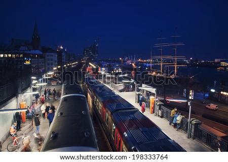 HAMBURG, GERMANY - MARCH 29, 2014: Landungsbrucken station of the city Rapid transit rail system. The system consists of more than 881 km (547 mi) length, with more than 280 stations for the region.