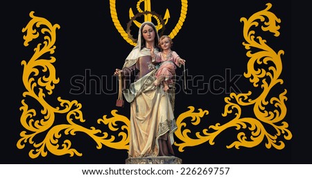 BARCELONA, SPAIN - MARCH 31, 2013: Religious sculpture of Mother Mary with Jesus Christ and ornament inside the Military Parish Church at Ciutadella Park.