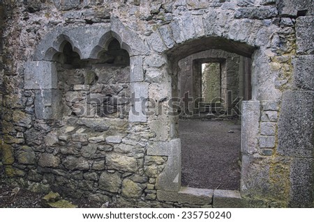 Interiors of ruins of an Hore Abbey in Cashel, Ireland. It is a ruined Cistercian monastery and famous landmark in Tipperary