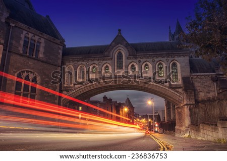 Traffic lights through the Arch of the Christ Church Cathedral in Dublin, Ireland at night