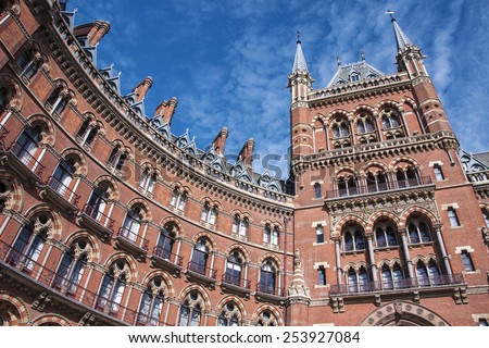 St Pancras international railway station in London, UK known for its Victorian architecture. Designed by George Gilbert Scott in 1865. The building being polychromatic is made of brick
