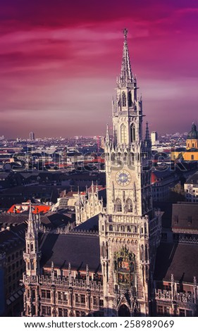 Aerial view of New Town Hall in Munich, Bavaria, Germany - a landmark and symbol of the city