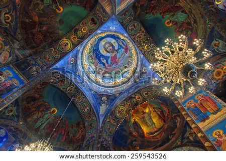 ST. PETERSBURG, RUSSIA - JANUARY 8, 2015: Church of the Savior on Spilled Blood interior decoration. It contains over 7500 square meters of mosaics designed by famous russian artists