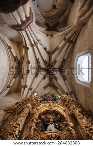 BURGOS, SPAIN - JULY 17, 2012: Interior decoration of Gothic-style Roman Catholic Cathedral. It\'s famous for its size and architecture style and is declared a UNESCO World Heritage Site