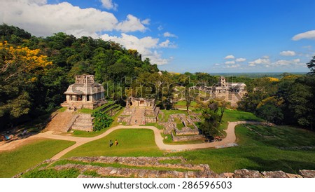 Mayan ruins in Palenque, Chiapas, Mexico. Palace and observatory. It is one of the best preserved sites, which contains interesting architecture and is popular tourist attraction