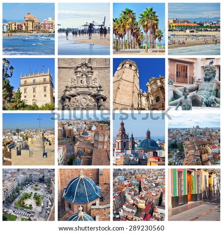 Set of photos - Valencia landmarks, Spain - La Malvarrosa beach with people and sea, Cathedral and Micalet tower, fountain with town hall, aerial view at old city, Serrano Towers, main square