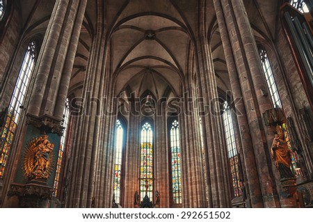 NUREMBERG, GERMANY - MARCH 23, 2014: Interior of St. Sebaldus medieval Church with a monument of St. Sebaldus. One of the most important and oldest churches of the city