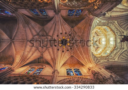 BURGOS, SPAIN - JULY 17, 2012: Interior decoration of Gothic-style Roman Catholic Cathedral. It\'s famous for its size and architecture style and is declared a UNESCO World Heritage Site