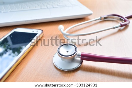 medical concept of Stethoscope , computer,smart phone on working table
