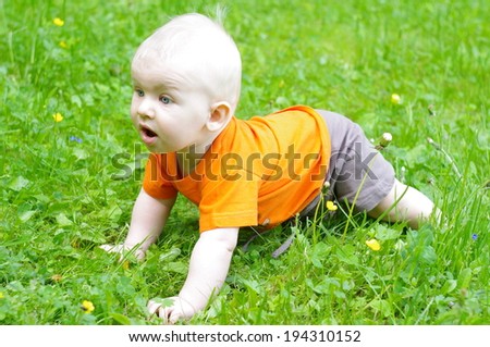 Cute baby boy in orange t-shirt crawling in the grass