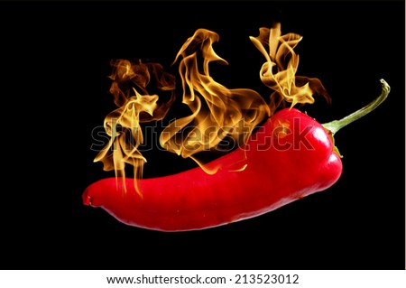 Red hot chili pepper by fire on a black background