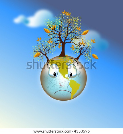 sad earth , shedding leaves and drying out . having a hard time , green happy earth also in gallery
