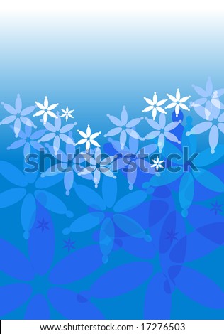 blue floral background , with gradient flowers going from dark green to white flowers over a blue background