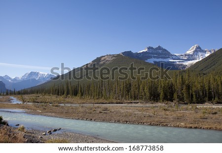 rocky mountain wilderness with alpine valley and snow capped mountains