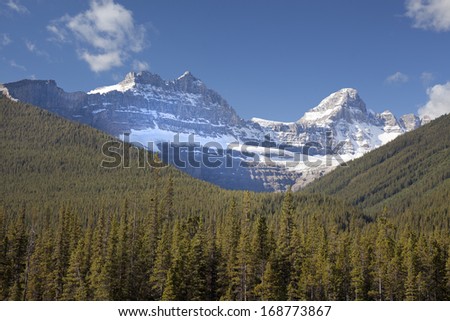 rocky mountain wilderness with alpine valley and snow capped mountains