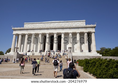 WASHINGTON D.C. - MAY 25 2014: The Lincoln Memorial is an American national monument built to honor the 16th President of the United States, Abraham Lincoln. It is located on the National Mall
