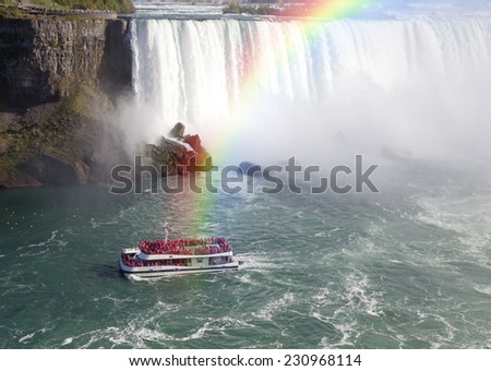 NIAGARA FALLS - OCTOBER 12, 2014: The famous Falls boat tour experience is North America\'s oldest attraction, and has drawn millions of visitors since 1846.