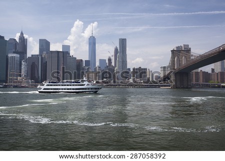 NEW YORK - May 28, 2015: International Sightseeing Cruises is a boat service based in New York City, offering sightseeing and commuter services to points along the East River and Hudson River.