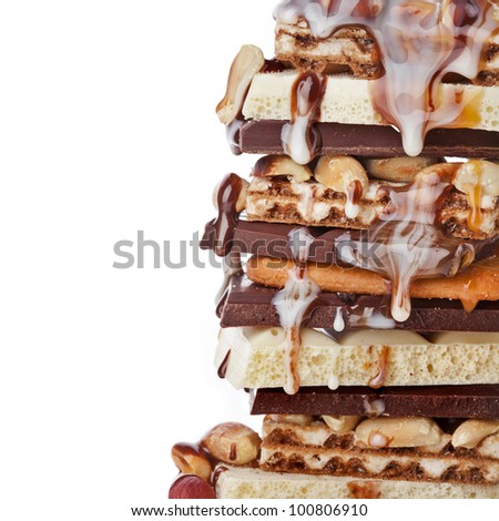 Border of Chocolate caramel creamy syrup poured on stack of chocolate pieces isolated on white background