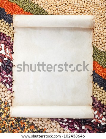 old paper for menu on lentils, beans, peas, soybeans, legumes textured background