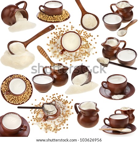 Collection set of powdered milk drink in clay pitcher, soy beans and cup isolated on white background
