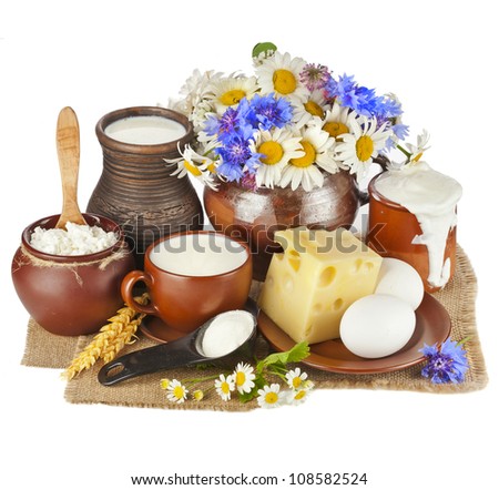 dairy milk products in pottery with a bouquet of wildflowers, isolated on white background
