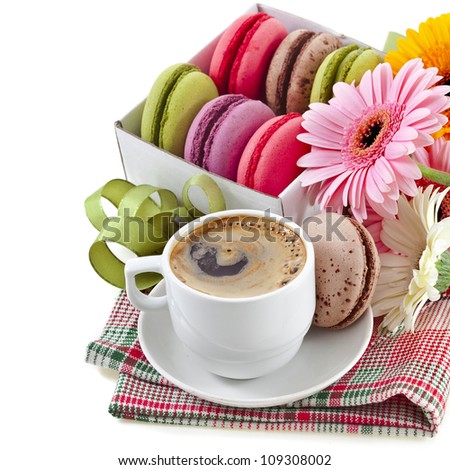 border of macaroons cookies and coffee cup , flower, isolation on a white background