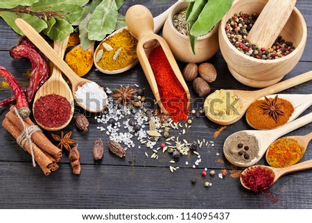 Powder Spices On Spoons In Black Wooden Table Background