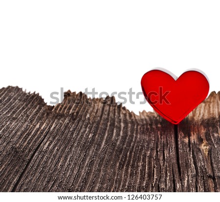 Love heart on breaking wood texture background, valentines day card concept, isolated on white