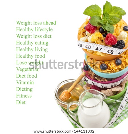 Diet Weight Loss Breakfast Concept With Tape Measure, Tower Stack Isolated On A White Background