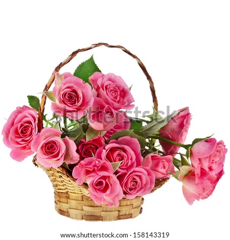 beautiful bouquet of pink roses in a basket isolated on white background