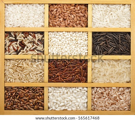 Variety Of Rice Grains (White, Brown, Black, Wild, Basmati, Arborio, Short, Long Grain) In Vintage Wooden Case Box