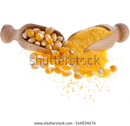 cornmeal maize flour heap in wooden scoop isolated on white background