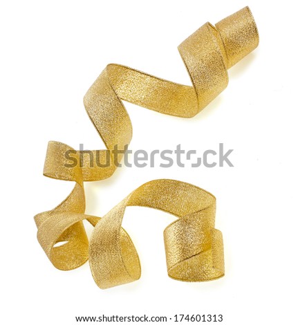 Beautiful glitter gold ribbon tape curl isolated on white background