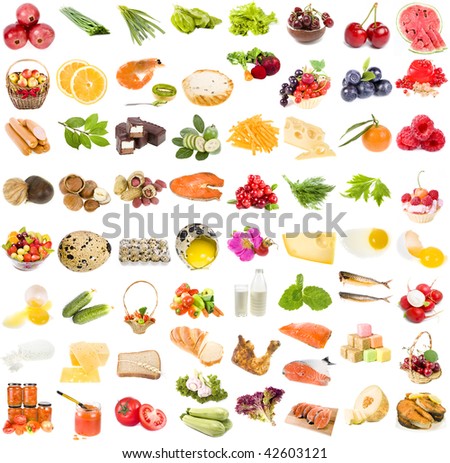 A large collection set of food, fruit, berries vegetables , isolated on a white background